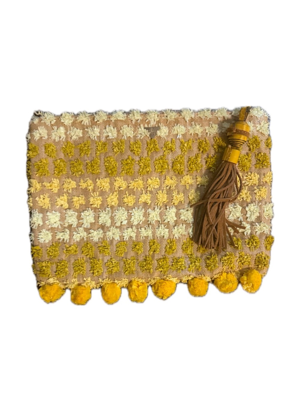 Sam Edelman Textured Pom-Pom Tassel Clutch in Mustard & Cream